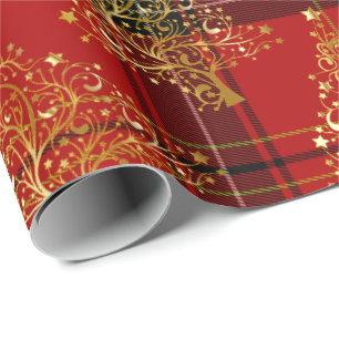 Elegant Gold & Plaid Christmas Tree Pattern Wrapping Paper