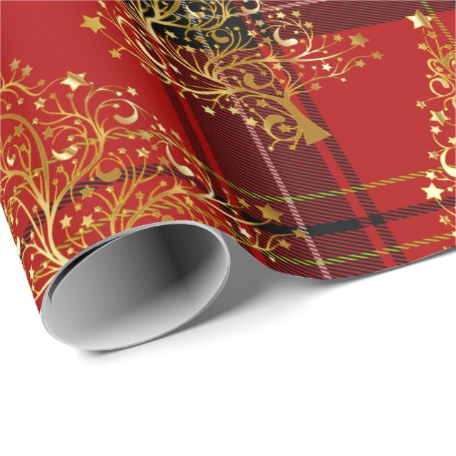 Elegant Gold & Plaid Christmas Tree Pattern Wrapping Paper (Roll Corner)