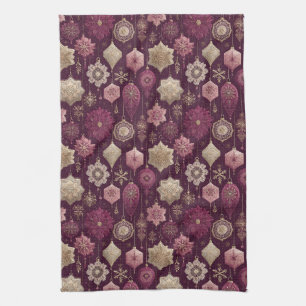 Elegant Gold Plum Holiday Bauble Pattern Kitchen Towel