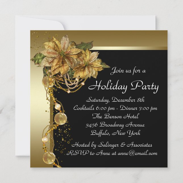 Elegant Gold Poinsettia Christmas Party Invitation (Front)