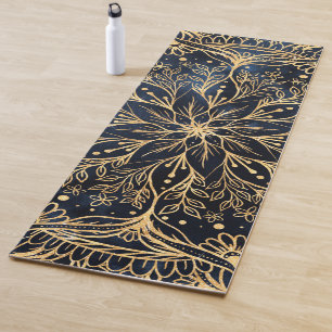 Elegant Gold Poinsettia Flower Mandala Blue Design Yoga Mat