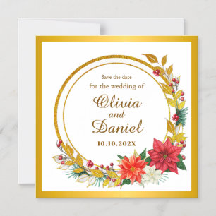 Elegant Gold & Poinsettia Wreath Save the Date Magnetic Invitation