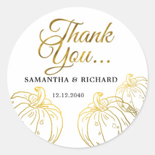 Elegant Gold Pumpkin Fall Wedding Thank You   Classic Round Sticker