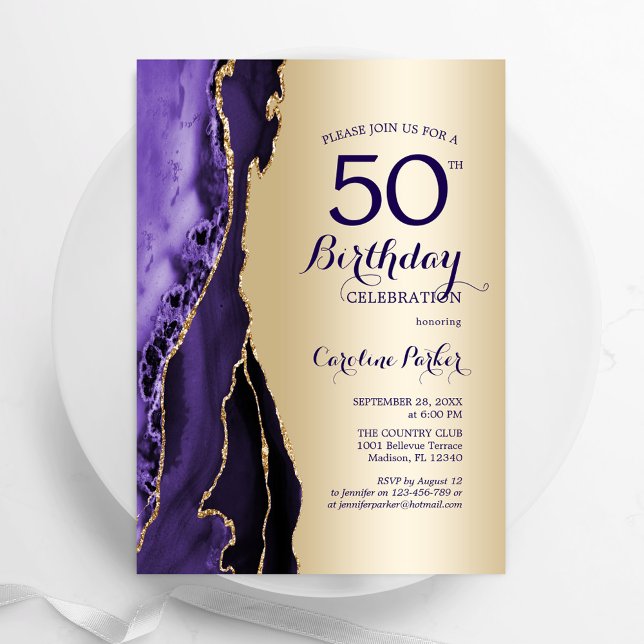Elegant Gold Purple Agate 50th Birthday Invitation (Creator Uploaded)
