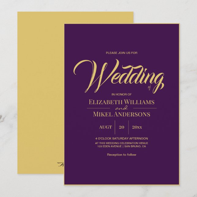 Elegant Gold Purple Budget Wedding Invitation (Front/Back)