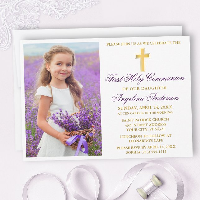 Elegant Gold Purple First Communion Photo Invitation (Customize to change text color, size, style or to add more text to back of card.)