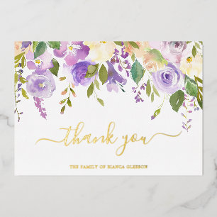 Elegant Gold Purple Floral Funeral Thank You Card
