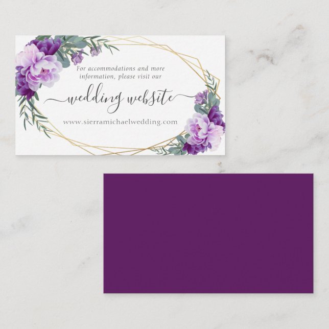 Elegant Gold & Purple Floral Wedding Website Enclo Enclosure Card (Front/Back)