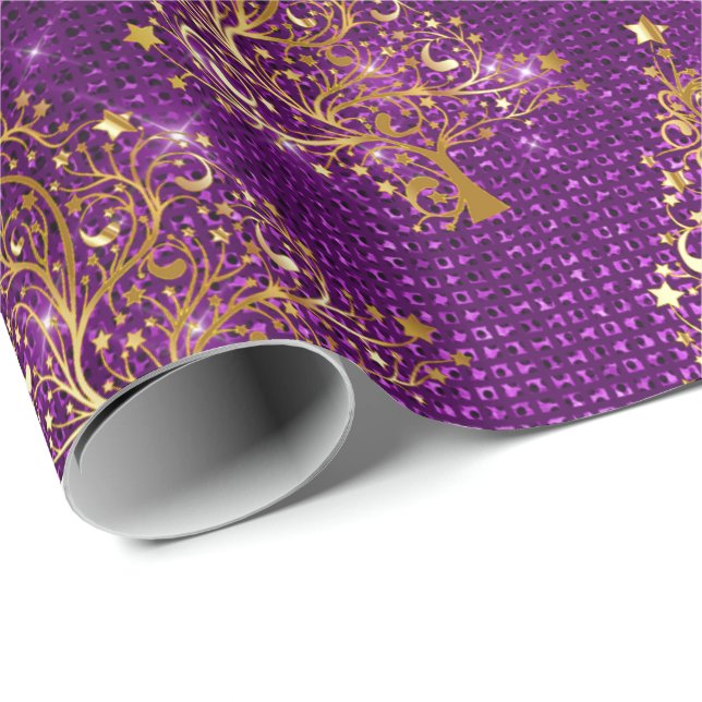Elegant Gold Purple Glitter Christmas Tree Pattern Wrapping Paper (Roll Corner)