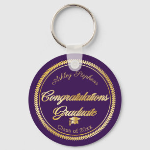 Elegant Gold   Purple Grad Cap Class of 2021 Keychain