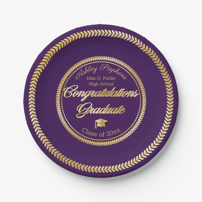 Elegant Gold | Purple Grad Cap Class of 2023 Paper Plate (Front)