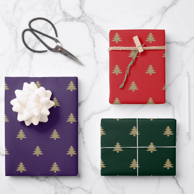 Elegant gold purple green red Christmas Trees Wrapping Paper Sheet (Front)