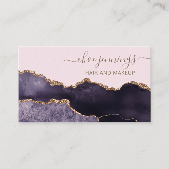 Elegant Gold Purple Marble Script Abstract  Business Card (Front)