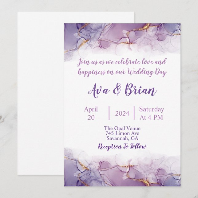 Elegant Gold Purple Marble Watercolor Wedding Invitation (Front/Back)