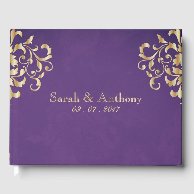 Elegant Gold & Purple Mariage damassé Livre d'invi (Recto)