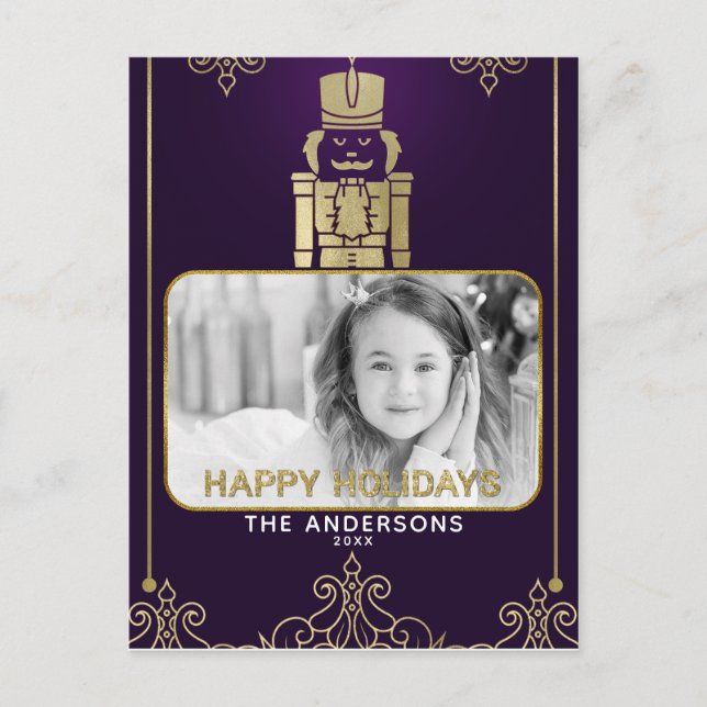 Elegant Gold & Purple Nutcracker Holiday Photo (Front)