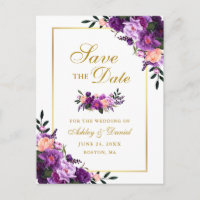 Elegant Gold Purple Violet Floral Save the Date