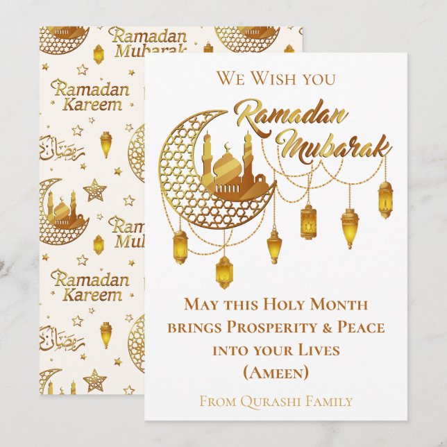 Elegant Gold Ramadan Mubarak Mosque Lanterns Holiday Card (Front/Back)