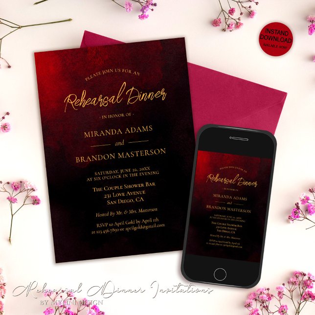 Elegant Gold Red and Black Rehearsal Dinner Invitation (Creator Uploaded)