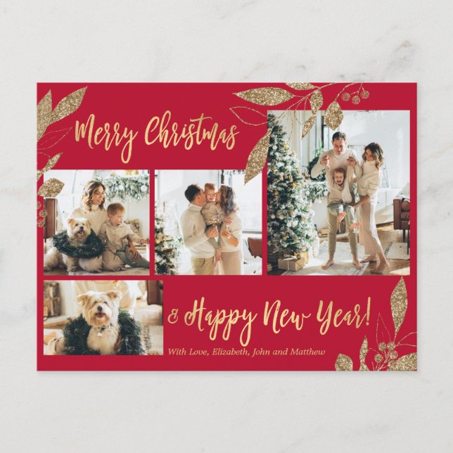 Elegant Gold Red Botanical Photo Collage Christmas Postcard (Front)
