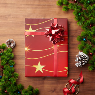 Elegant Gold & Red Christmas Star Pattern Wrapping Paper