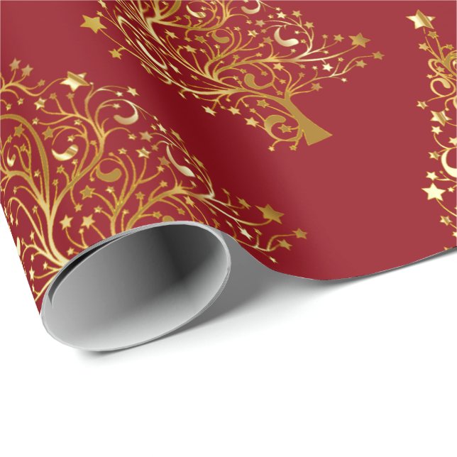 Elegant Gold & Red Christmas Tree Pattern Wrapping Paper (Roll Corner)
