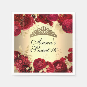 Elegant Gold Red Floral Themed Sweet Sixteen Napkin