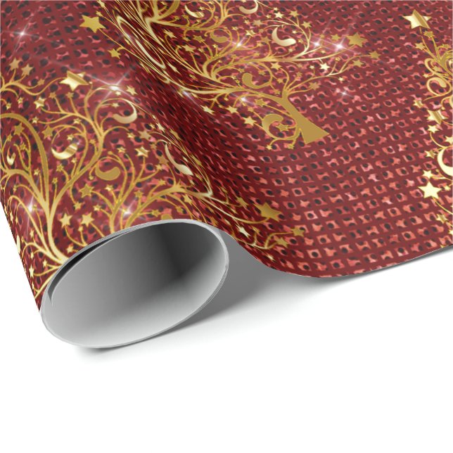 Elegant Gold & Red Glitter Christmas Tree Pattern Wrapping Paper (Roll Corner)