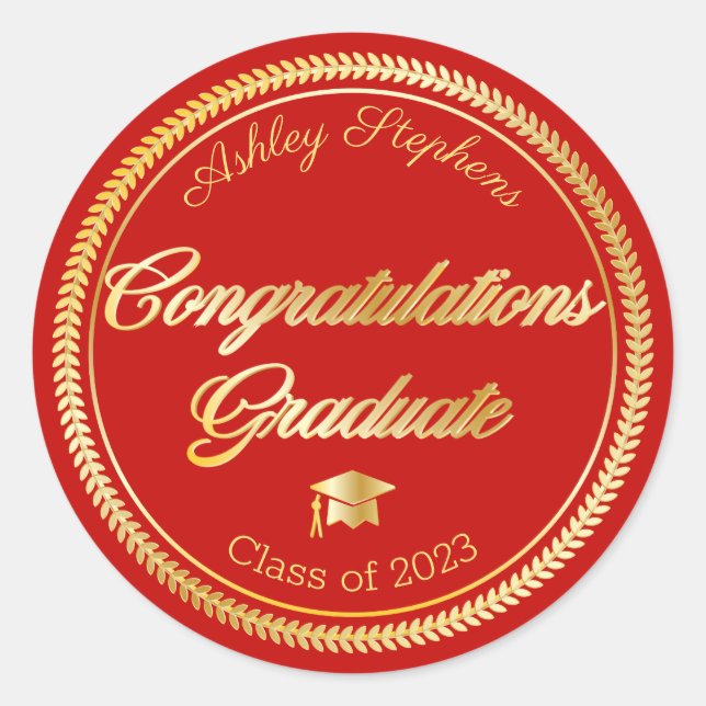 Elegant Gold | Red Grad Cap Class of 2023 Classic Round Sticker (Front)