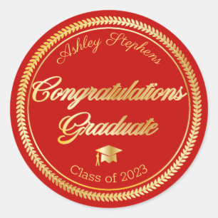 Elegant Gold Red Grad Cap Class of 2023 Classic Round Sticker
