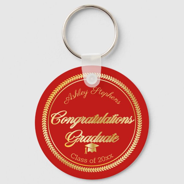 Elegant Gold | Red Grad Cap Class Year Keychain (Front)