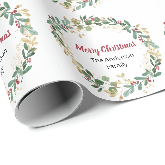 Elegant gold red greenery Christmas wreath Wrapping Paper (Roll Corner)