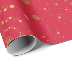 Elegant Gold Red Handrawn Chrismas Patterns Wrapping Paper