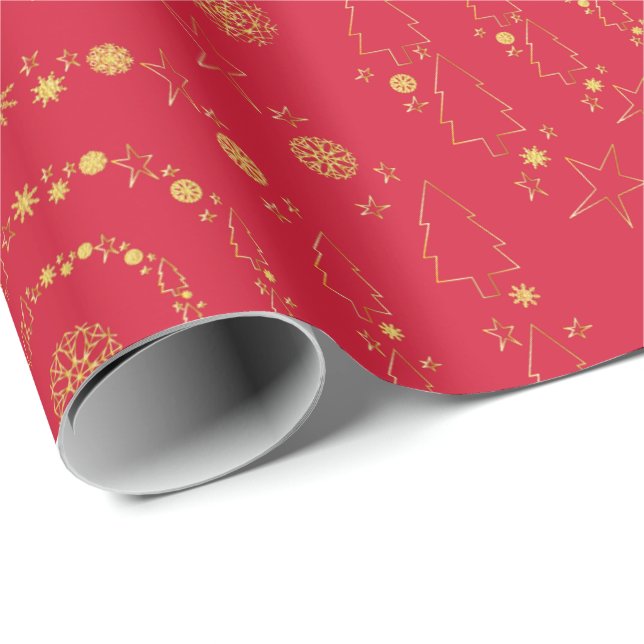 Elegant Gold Red Handrawn Chrismas Patterns Wrapping Paper (Roll Corner)