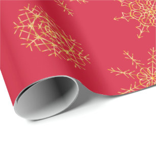 Elegant Gold Red Handrawn Snowflake Wrapping Paper