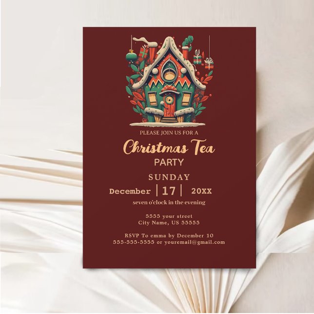 Elegant Gold & Red House Christmas Tea Party  Invitation (Elegant Gold & Red House Christmas Tea Party Invitation)