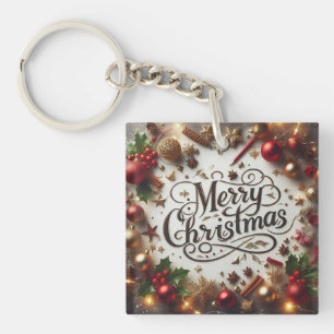 Elegant Gold & Red Ornaments Merry Christmas Keychain