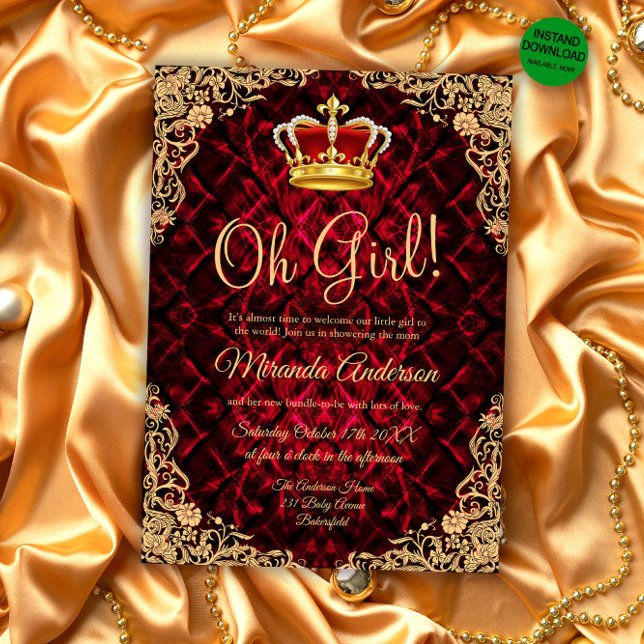 Elegant Gold Red Princess Crown Baby Shower Invitation (Creator Uploaded)