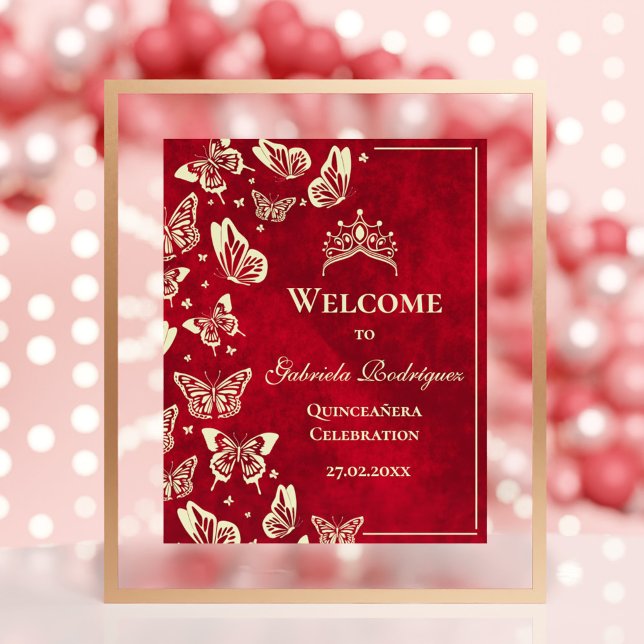 Elegant Gold Red Quinceañera Butterflies Welcome Poster (Elegant Gold Red Quinceañera Butterflies Welcome Poster)