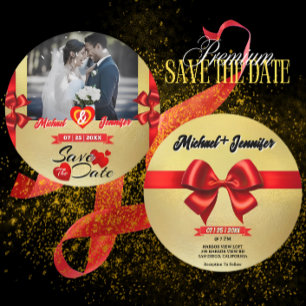 Elegant Gold & Red Ribbon Custom Photo Wedding  Save The Date