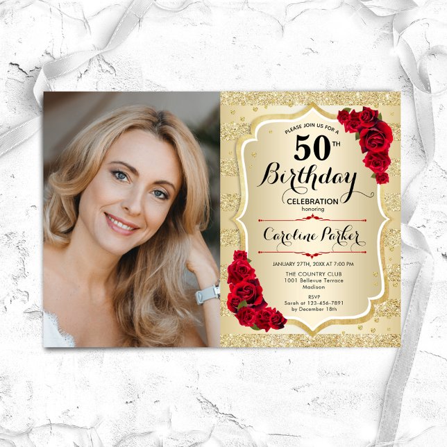Elegant Gold Red Roses Photo 50th Birthday Invitation (Creator Uploaded)