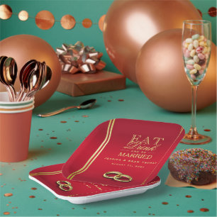 Elegant Gold & Red, Wedding Rings Wedding Paper Plate