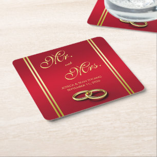 Elegant Gold & Red, Wedding Rings Wedding Square Paper Coaster