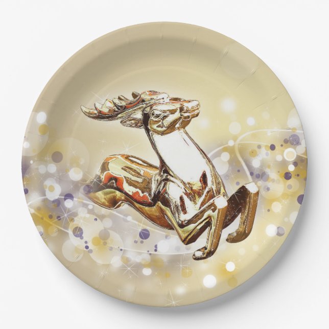 Elegant Gold Reindeer Christmas Paper Plate (Front)