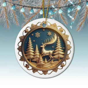 Elegant Gold Reindeer, Deer, Xmas Snowflakes  Cera Ceramic Ornament