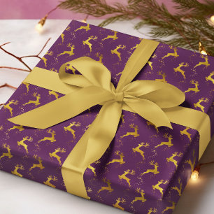 Elegant Gold Reindeer Purple Christmas Holiday Wrapping Paper