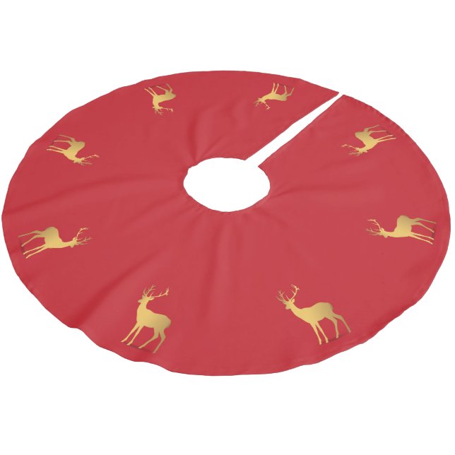 Elegant gold reindeer red merry christmas pattern brushed polyester tree skirt (Angled)