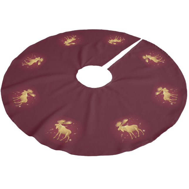 Elegant gold reindeer red merry christmas pattern brushed polyester tree skirt (Angled)