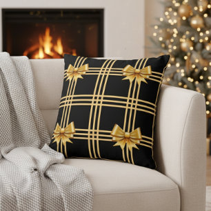 Elegant Gold Ribbon in Black Background Christmas Throw Pillow