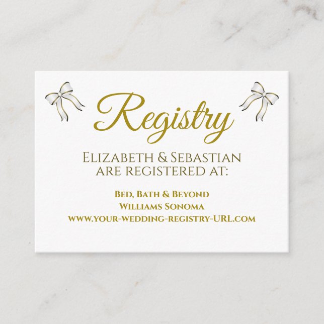 Elegant Gold Ribbons and Bows Wedding Registry Enclosure Card (Front)